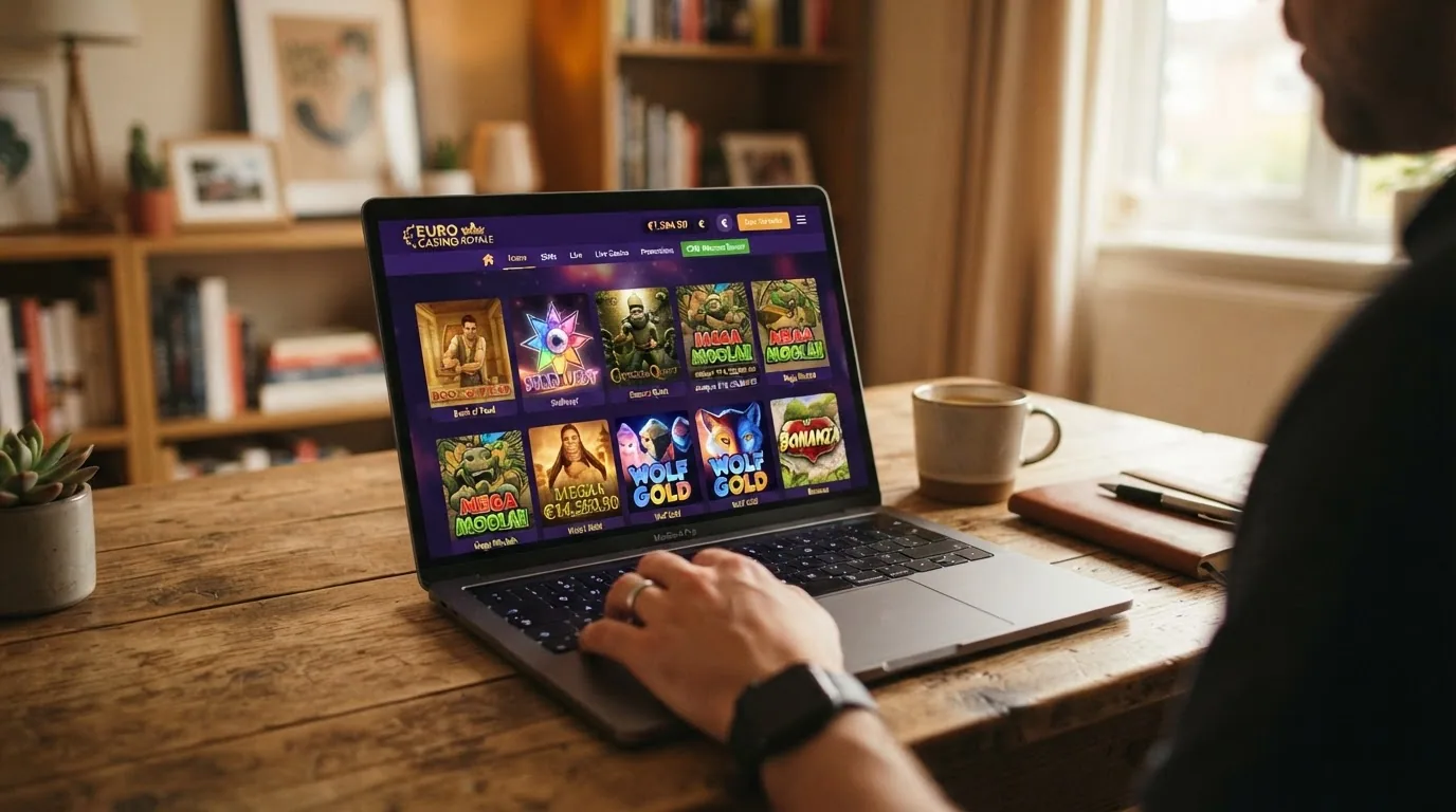 Interfaz de un casino online español con la sección de tragaperras destacadas, el saldo en euros y el icono de juego seguro visible