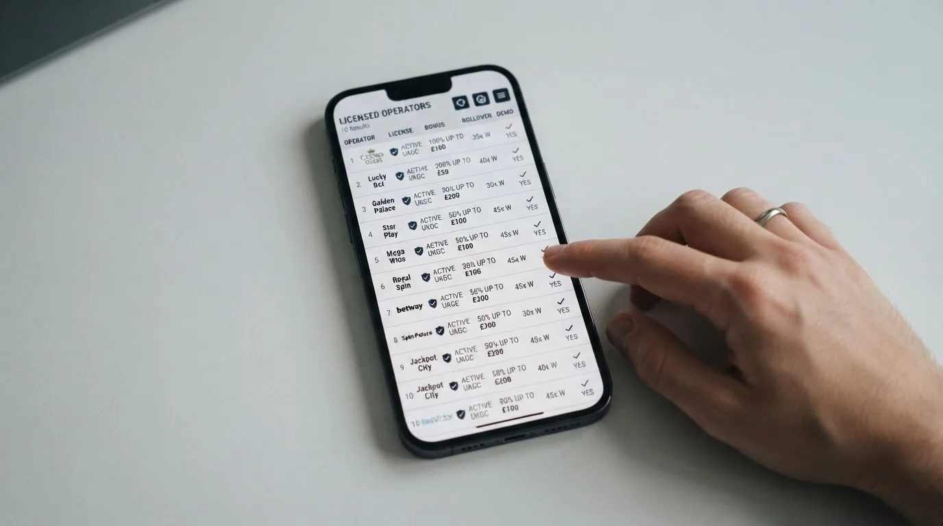 Una tabla comparativa con los logotipos de los 10 operadores revisados y sus columnas clave — licencia, bono, rollover y modo demo — en la pantalla de un iPhone