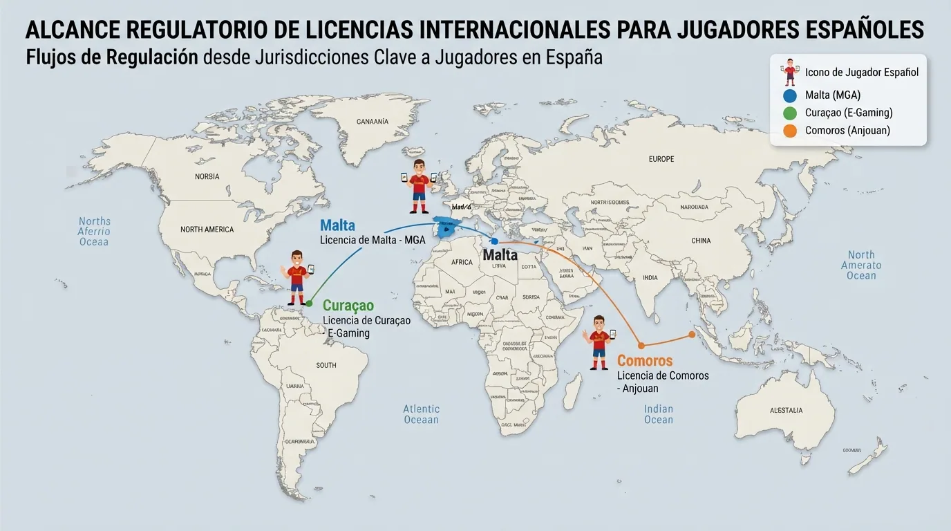 Mapa mundi con Malta, Curaçao y Comoras señalados y conectados por líneas a un icono de jugador en España