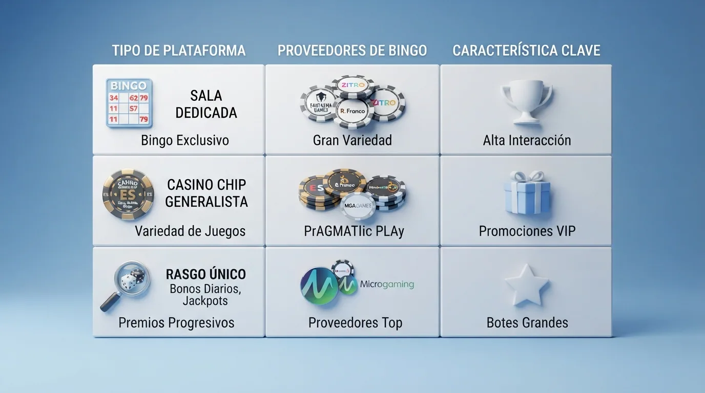 Tabla comparativa con los logotipos de los diez operadores de bingo online analizados, ordenados por tipo de plataforma