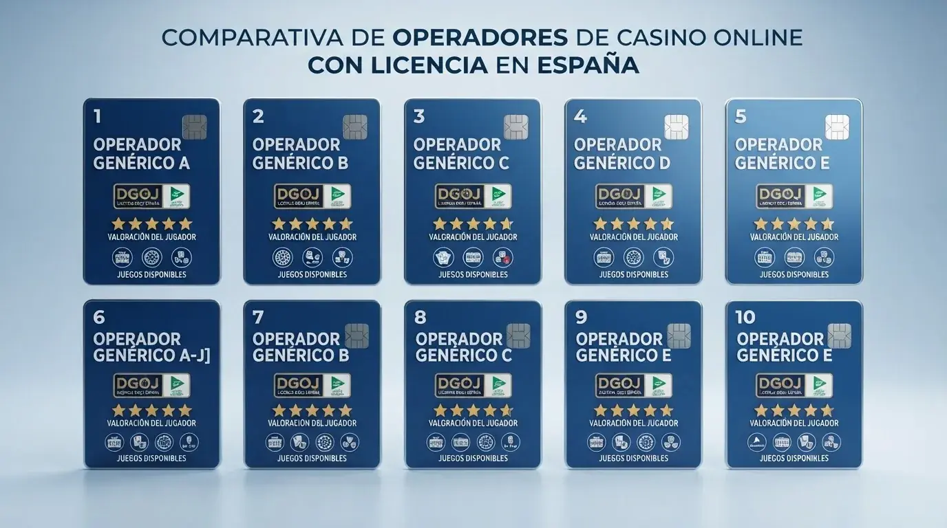Una cuadrícula con diez logotipos de casinos online ordenados, cada uno acompañado de un distintivo de licencia DGOJ y una valoración por estrellas