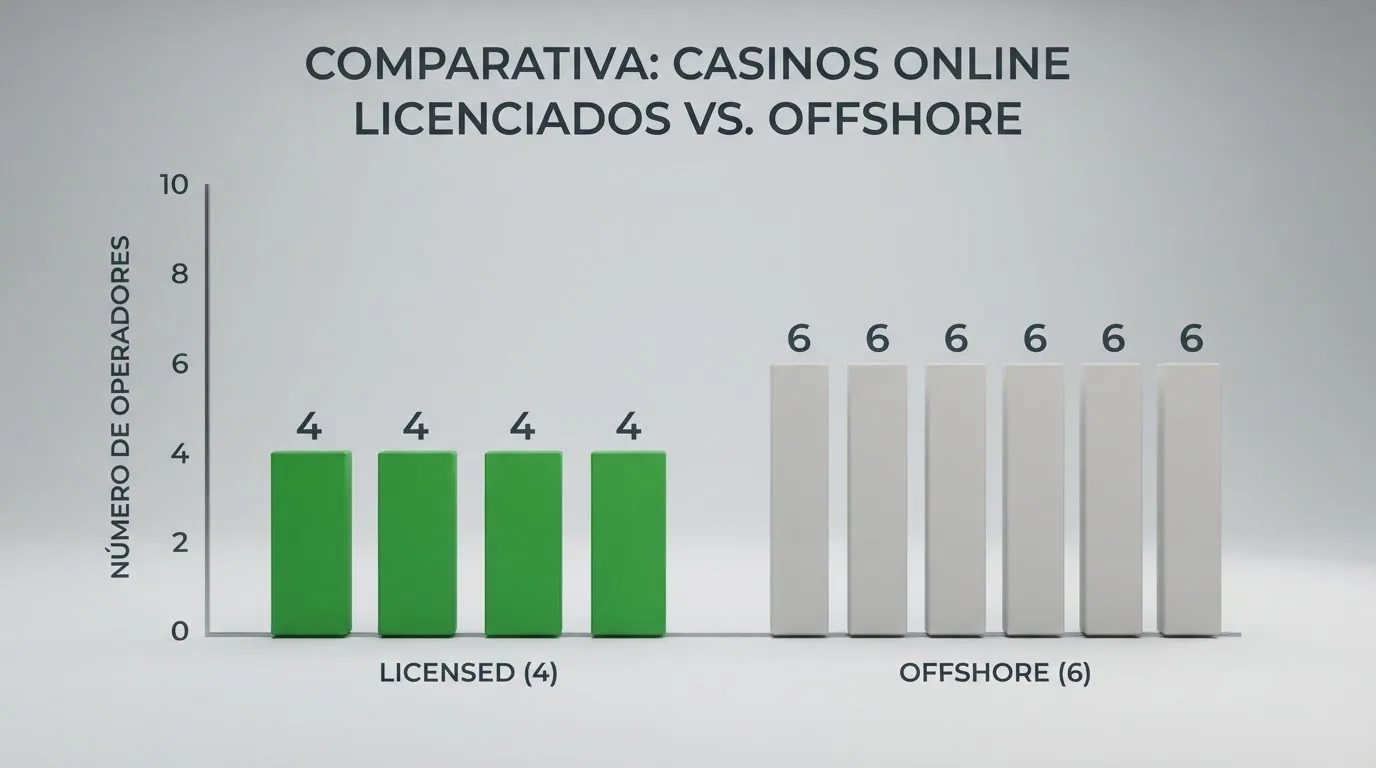 Tabla con los diez operadores analizados, sus licencias y sus bonus de bienvenida, con los cuatro regulados en verde y los seis offshore en gris