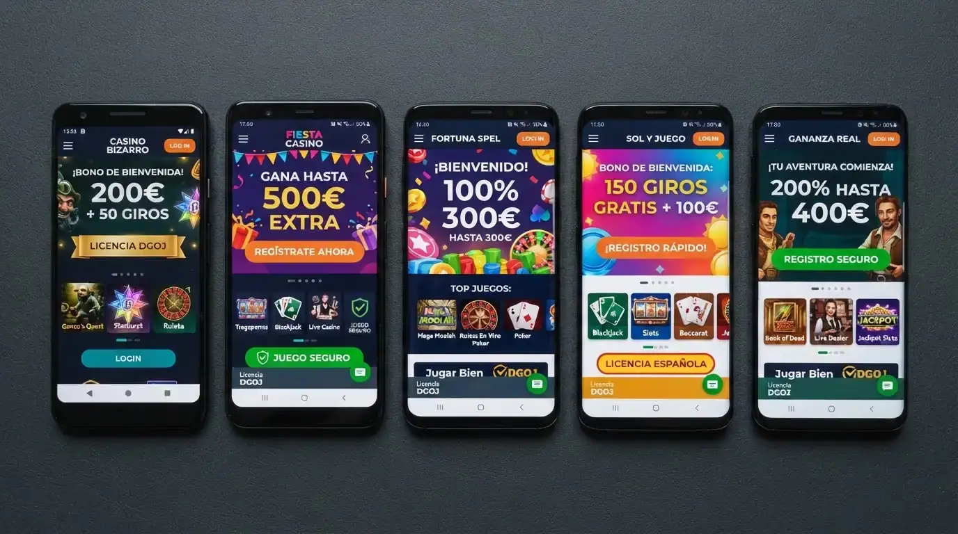 Vista cenital de varios teléfonos móviles alineados, cada uno mostrando la pantalla de inicio de un casino distinto con su bono de bienvenida visible
