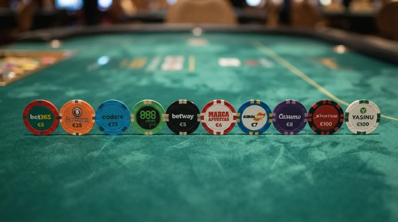 Diez fichas de casino alineadas sobre una mesa de juego verde, cada una con el nombre de un operador, formando una clasificación visual