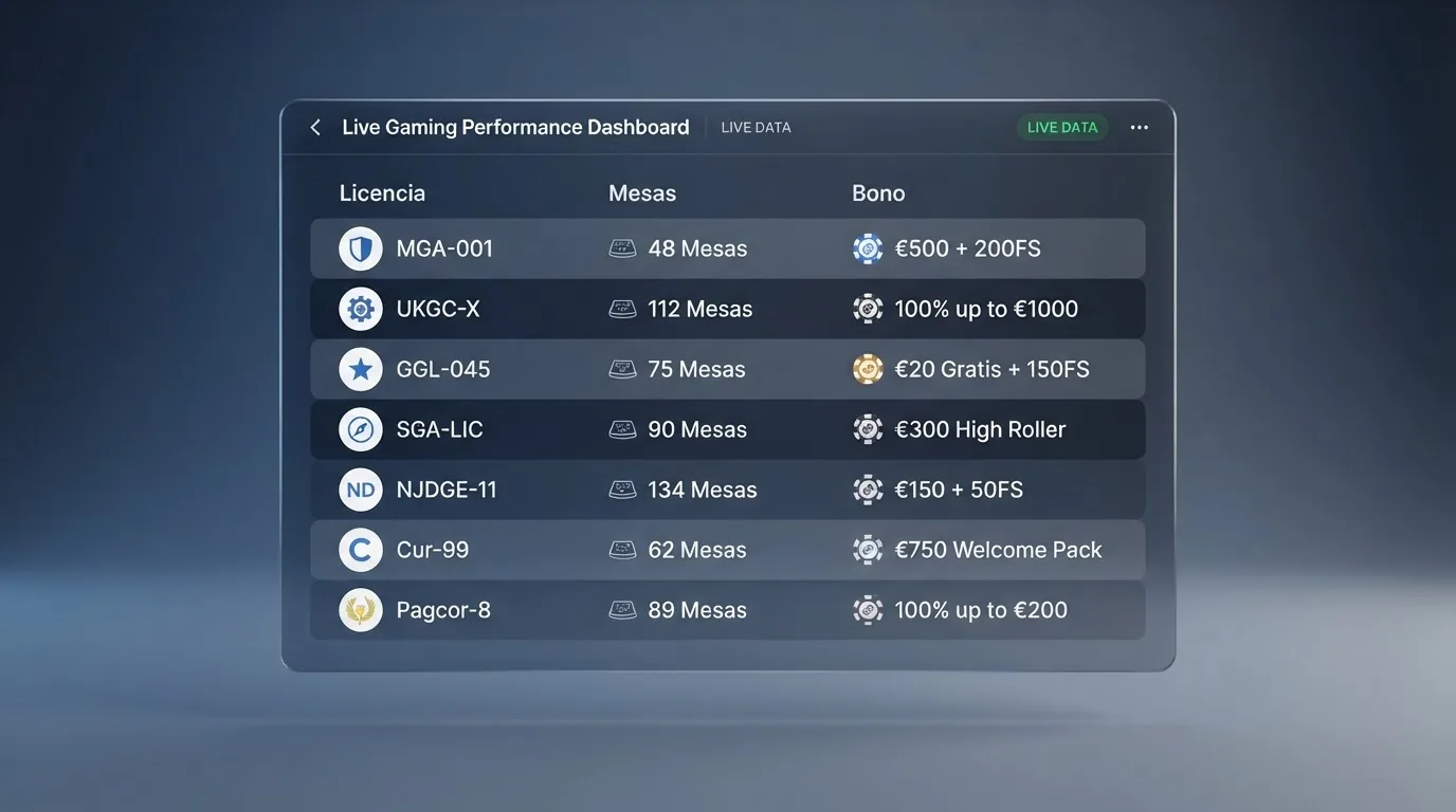 Captura de pantalla de una tabla comparativa con logotipos de operadores de casino en vivo y columnas con datos de licencia, mesas y bono