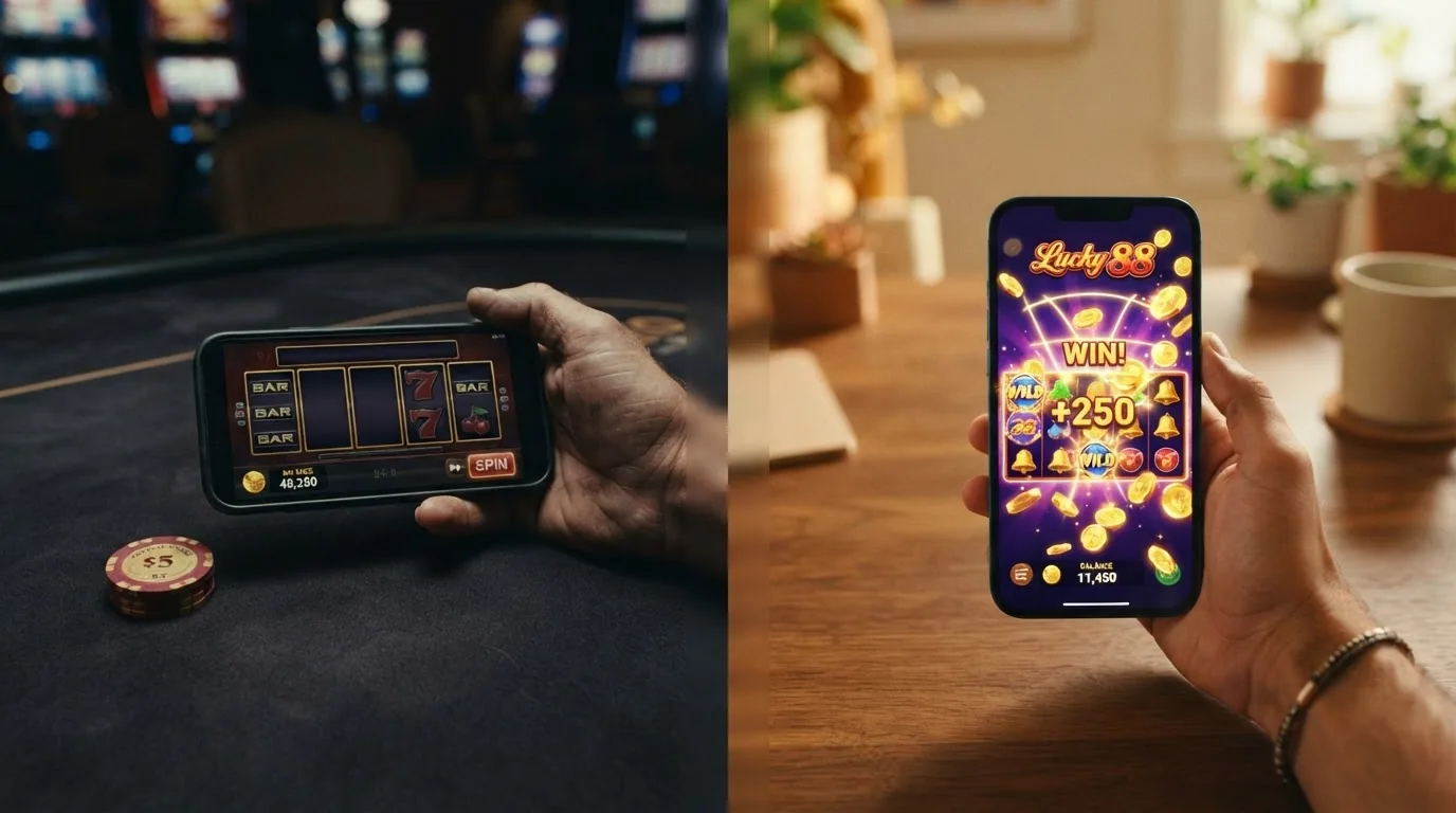 Dos pantallas enfrentadas de slots: una con un gran premio aislado tras muchas tiradas sin ganar y otra con premios pequeños constantes