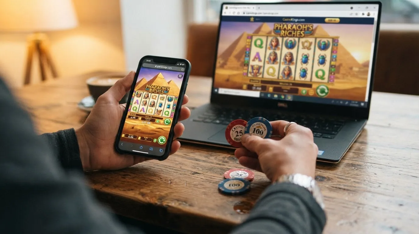 Jugador consultando el móvil con una mano mientras con la otra compara dos fichas de casino sobre una mesa, con la tragaperras Book of Ra visible en la pantalla del ordenador de fondo