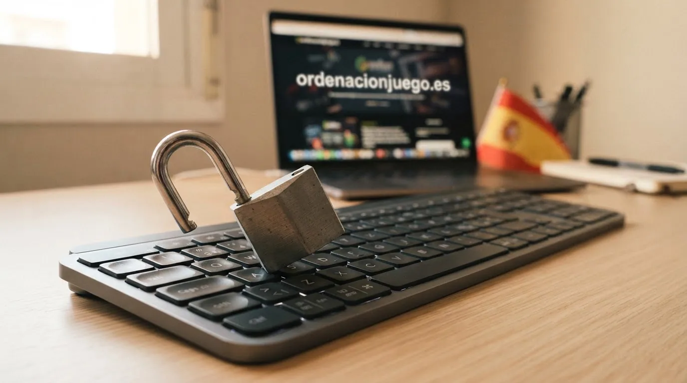 Un candado abierto sobre un teclado con la bandera de España y la URL ordenacionjuego.es visible en la pantalla