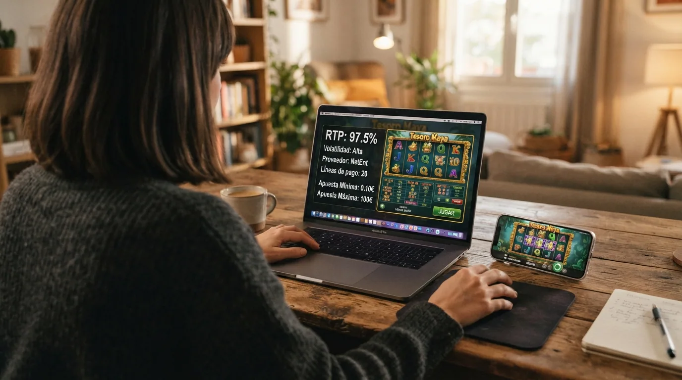 Jugador consultando el panel de información de una slot con los datos de RTP y volatilidad visibles