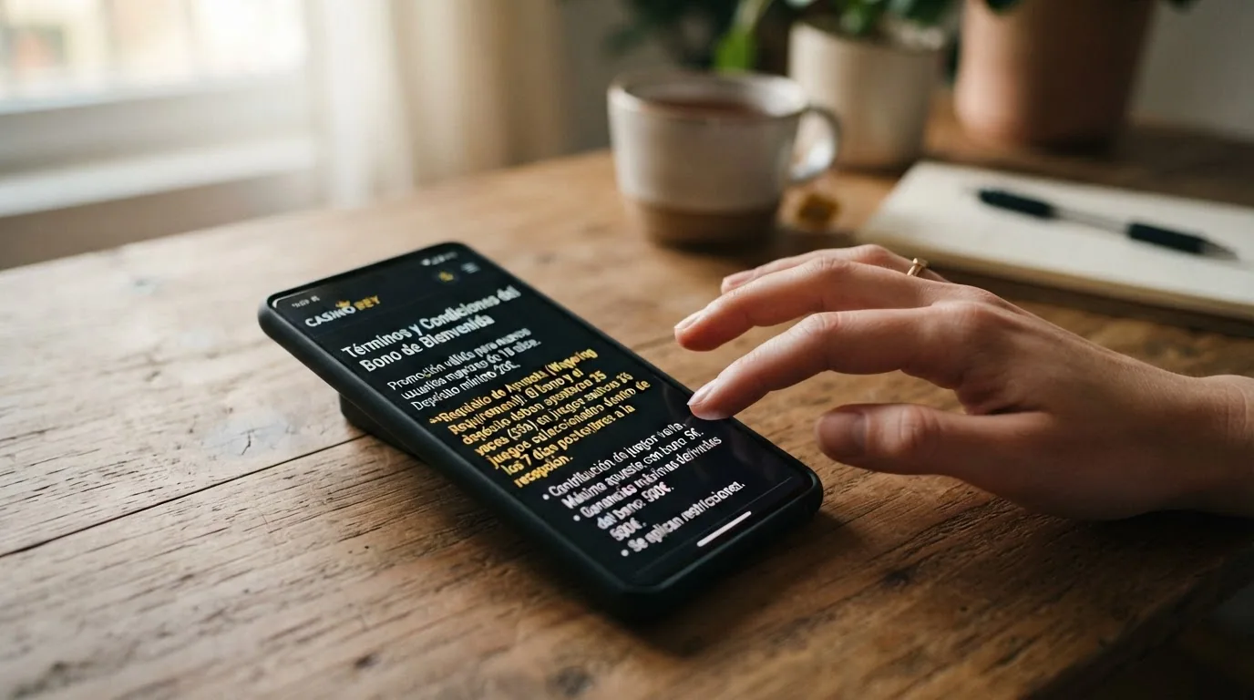Primer plano de la sección de términos y condiciones de un bono de bienvenida en una app de casino, con el requisito de apuesta y las condiciones resaltados