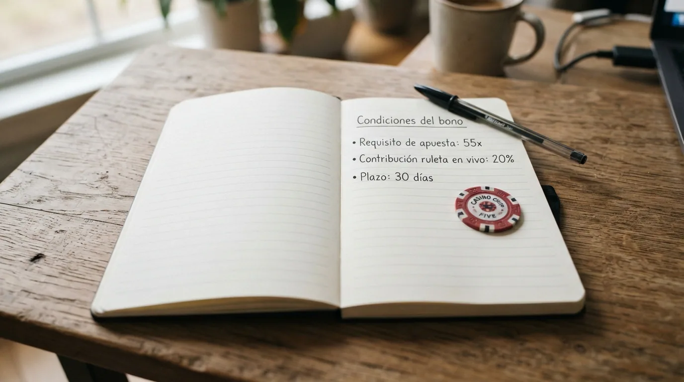 Primer plano de la letra pequeña de una promoción de casino: requisito de apuesta, contribución por juego y plazo de caducidad subrayados