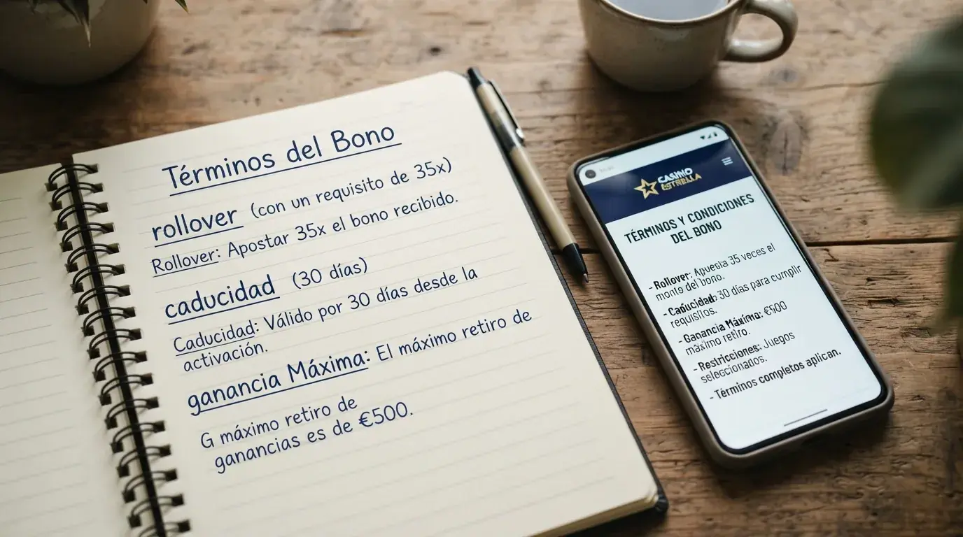 Primer plano de la sección de términos y condiciones de un bono de bienvenida en un casino español, con los campos de rollover, caducidad y ganancia máxima subrayados