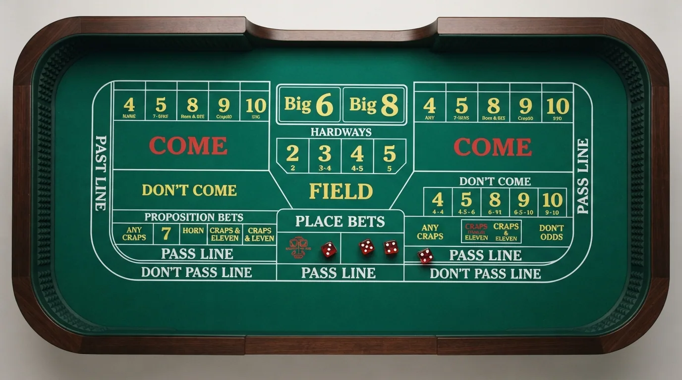 Tablero de craps con todas las zonas de apuesta señaladas y dos dados sobre la zona de pass line