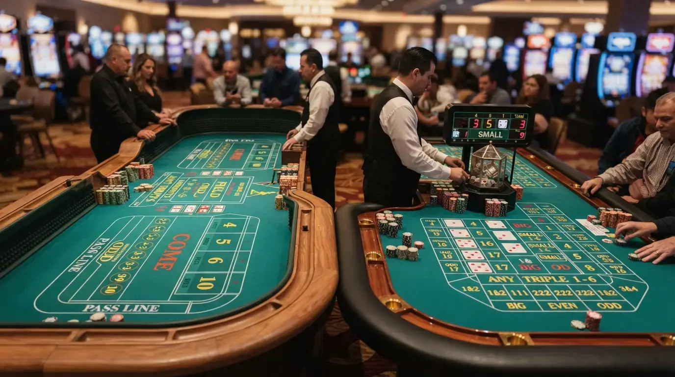 Dos tapetes enfrentados: el de craps a la izquierda con sus zonas de pase y campo, el de Sic Bo a la derecha con su cuadrícula de combinaciones