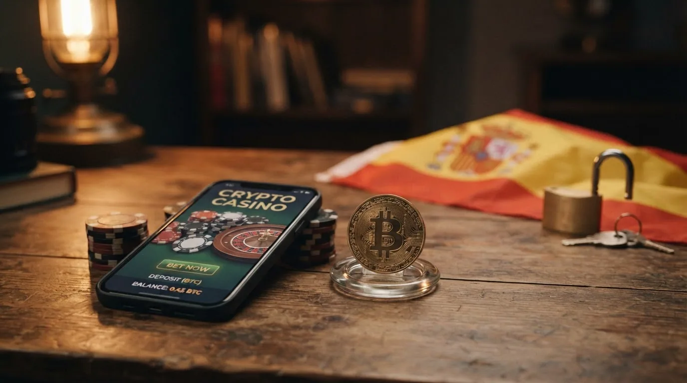 Monedas de Bitcoin junto a la bandera de España y un candado abierto