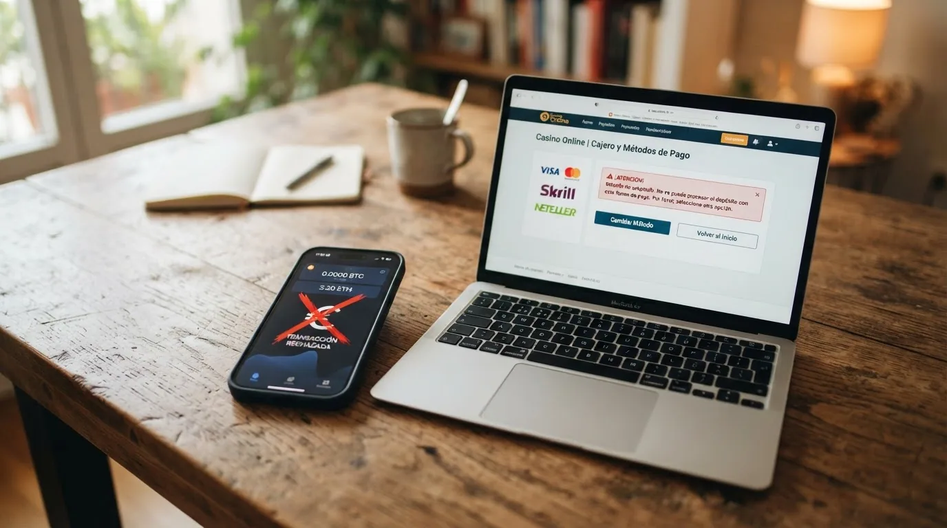 Un monedero digital de criptomonedas junto a la pantalla de un casino online con el aviso de método de pago no aceptado