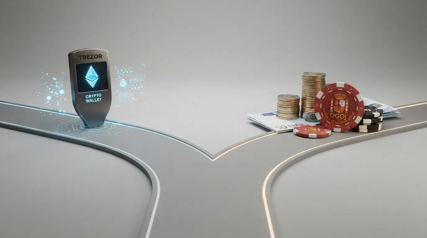 Dos caminos que se bifurcan: a la izquierda un monedero de criptomonedas, a la derecha billetes de euro con el escudo de la DGOJ