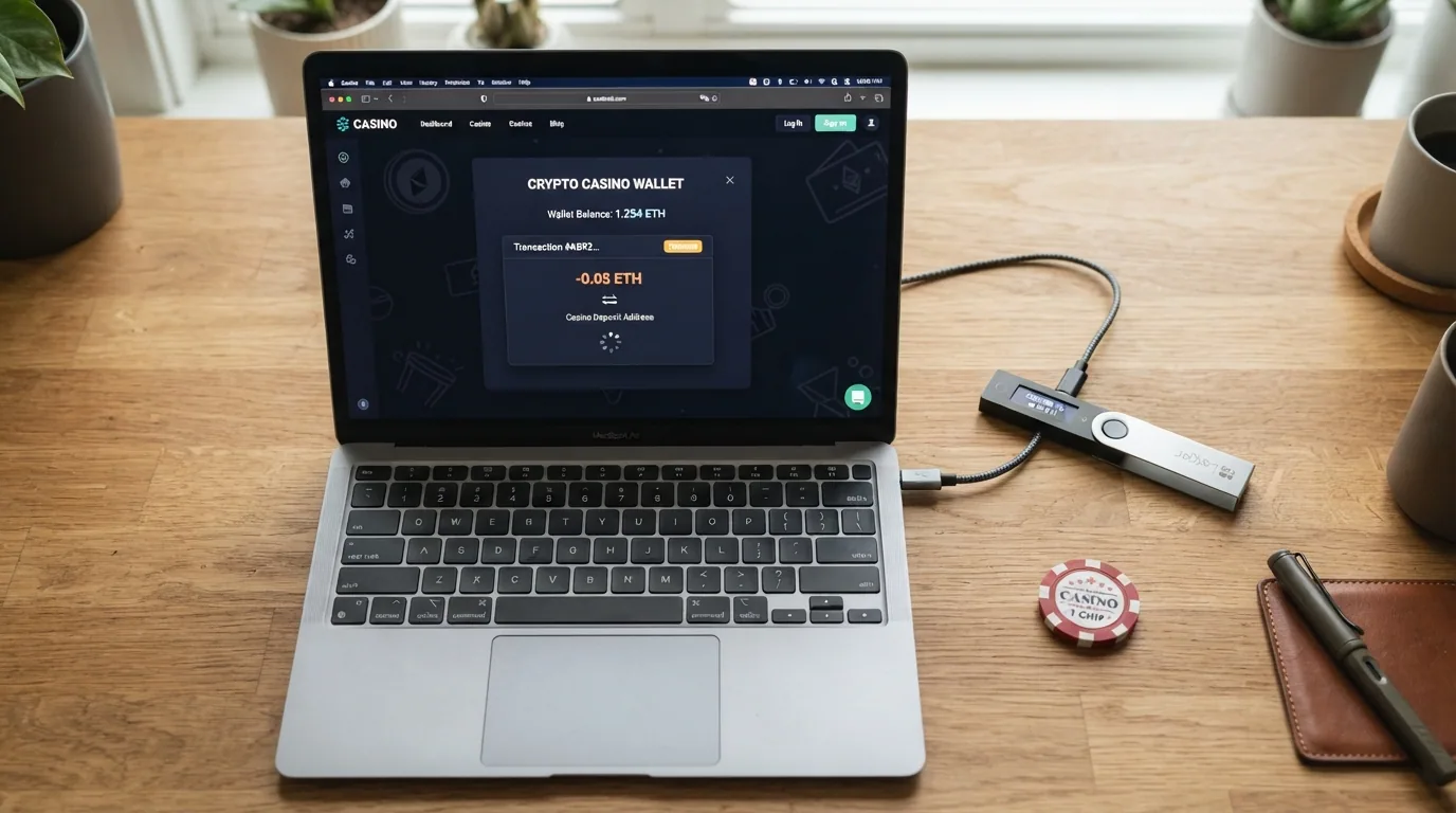 Monedero físico de Bitcoin sobre el teclado de un portátil con la web de un casino MGA de fondo, y una línea roja que separa el símbolo de Bitcoin del escudo de la DGOJ