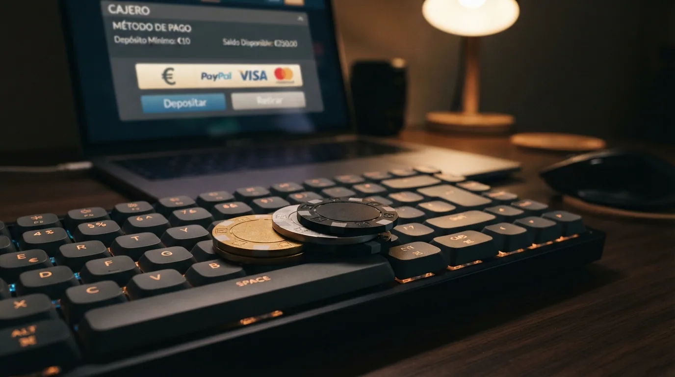 Primer plano de monedas físicas de Bitcoin, Ethereum y USDT sobre un teclado retroiluminado con la pantalla mostrando el cajero de un casino