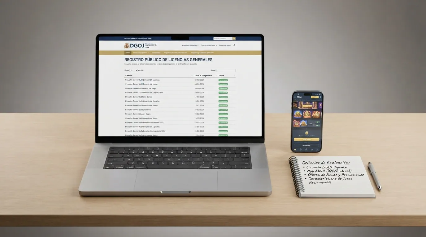 Mesa de trabajo con pantalla mostrando el registro DGOJ, una app de casino abierta y anotaciones con los criterios de evaluación: licencia, app, bono y rasgo distintivo
