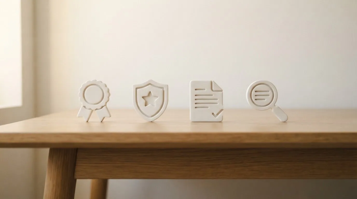 Iconografía de los criterios de evaluación: licencia, seguridad, condiciones del bono y transparencia de la información