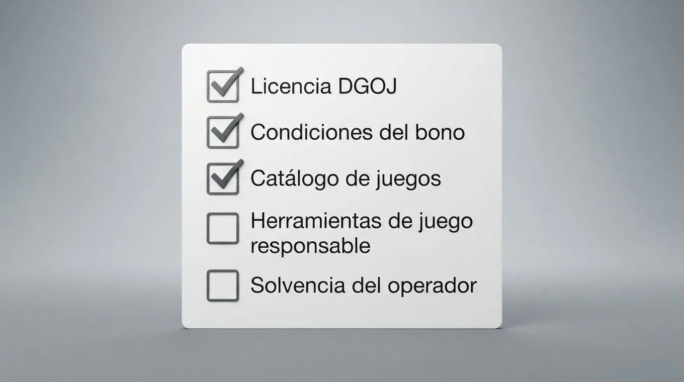 Lista de verificación con los cinco criterios de evaluación: licencia DGOJ, condiciones del bono, catálogo de juegos, herramientas de juego responsable y solvencia del operador