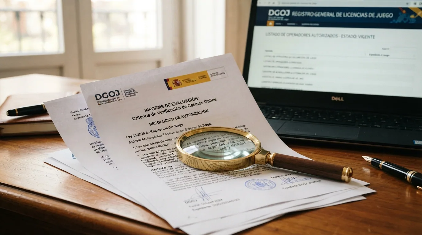 Documentos oficiales de la Gambling Division y la DGOJ junto a una lupa sobre una pantalla con el registro de operadores