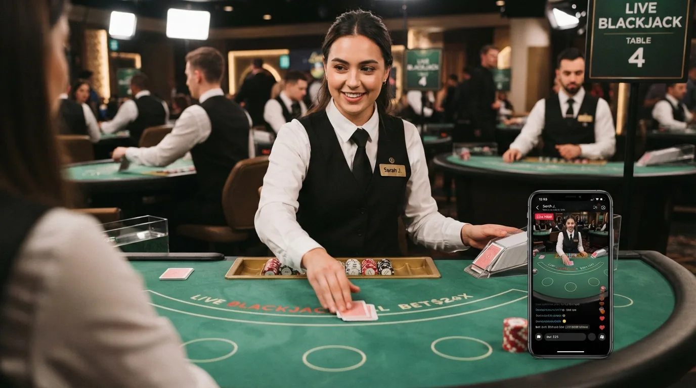 Un crupier real repartiendo cartas en una mesa de blackjack en vivo desde un estudio de casino, con la interfaz de apuestas superpuesta en pantalla