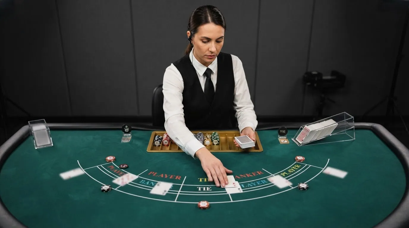 Primer plano de un crupier real de punto banco en un estudio de casino en vivo con iluminación profesional, pantalla de apuestas y mesa de paño verde