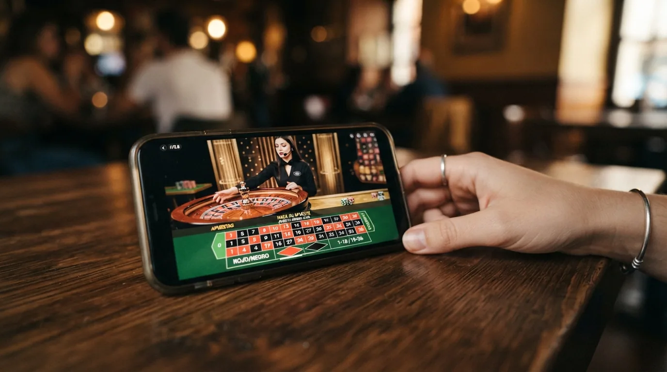 Crupier real detrás de una mesa de ruleta en vivo retransmitida en la pantalla de un móvil, con la interfaz de apuestas superpuesta