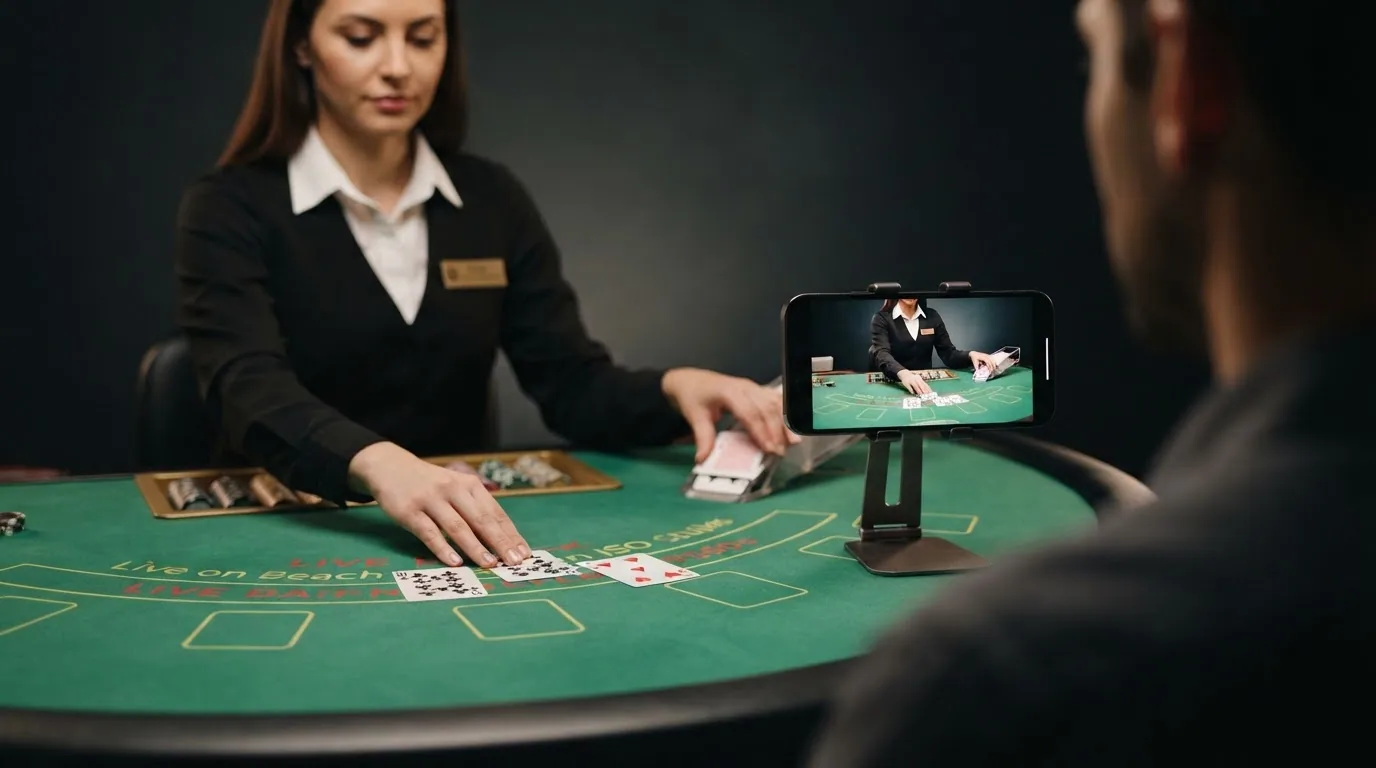 Un crupier real repartiendo cartas en una mesa de blackjack, con la misma escena reflejada en la pantalla de un iPhone sostenido junto a la mesa