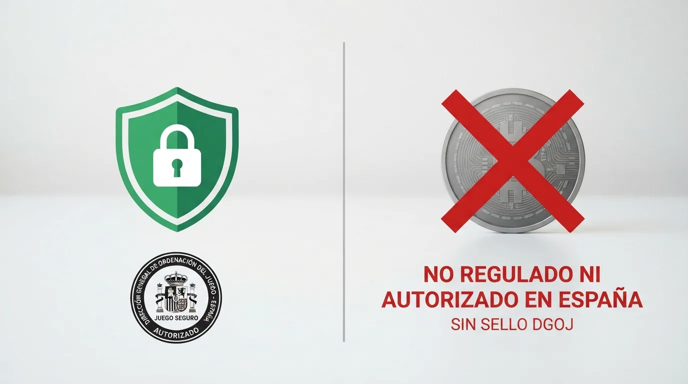 Una pantalla partida: a la izquierda, el candado del dominio .es y el logo de la DGOJ; a la derecha, el logo de Bitcoin tachado en rojo