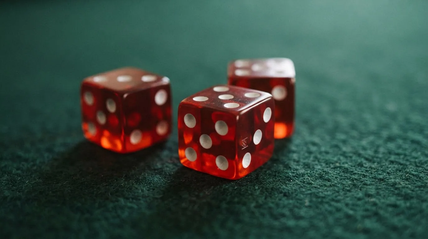 Primer plano de tres dados de casino rojos semitransparentes sobre un tapete verde con el logotipo del fabricante visible en una cara