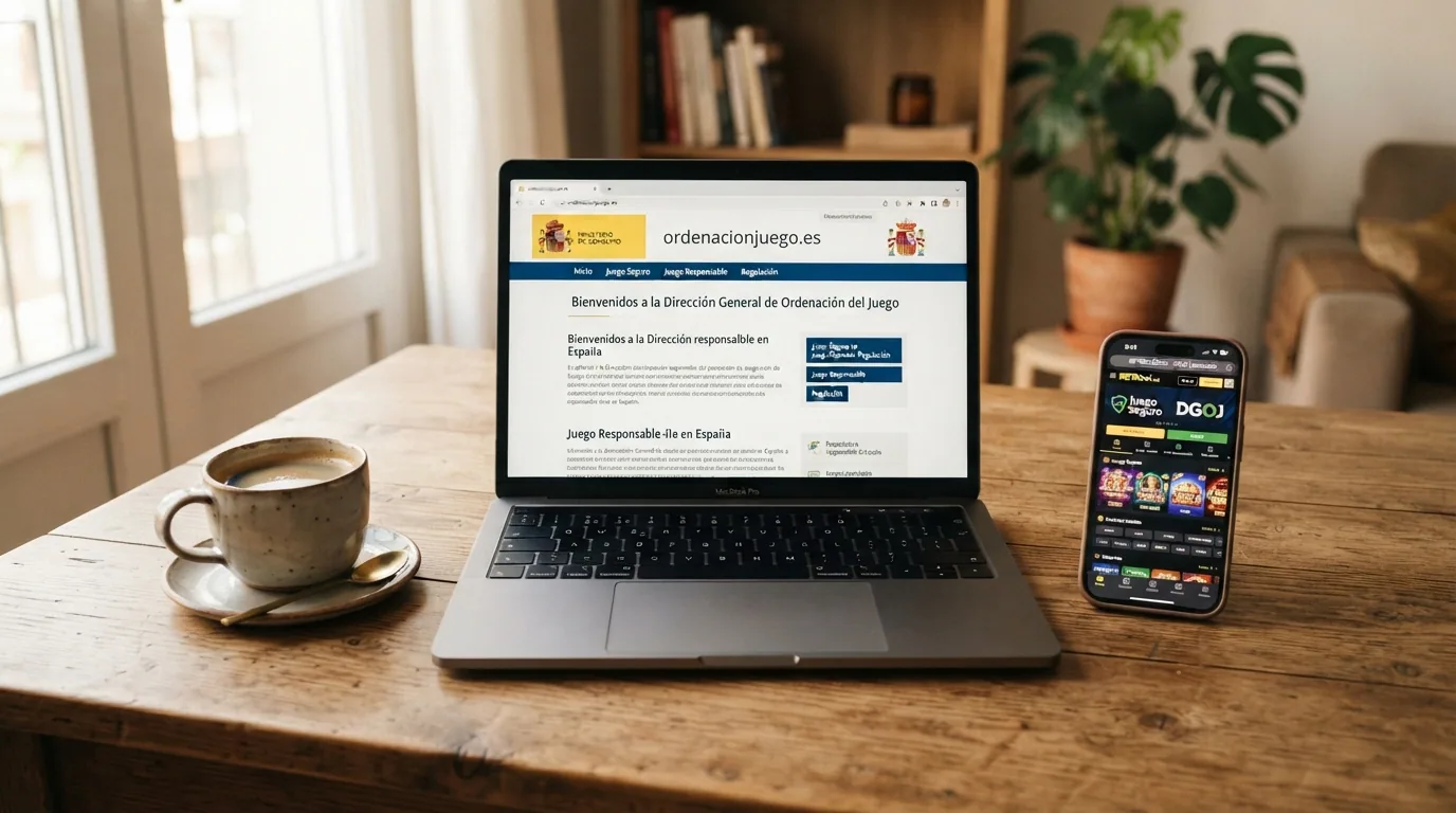Plano cenital de un escritorio con un portátil abierto en la web de ordenacionjuego.es, un café y un teléfono con la app de un casino DGOJ
