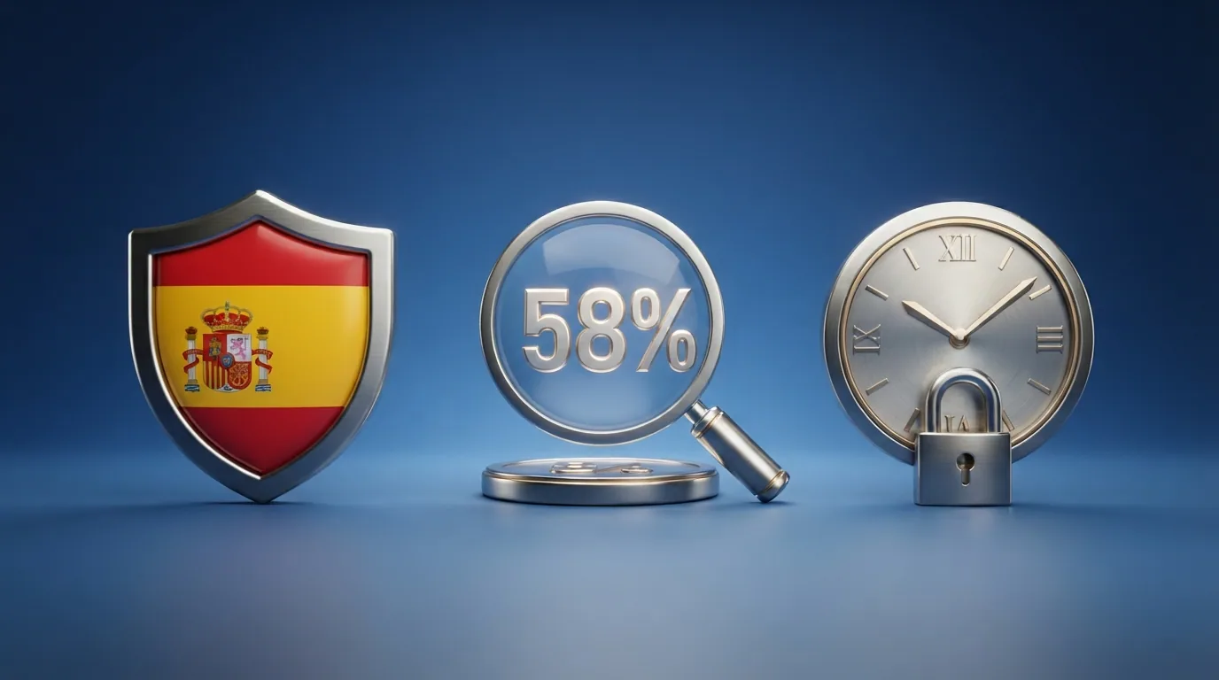 Tres iconos alineados que resumen la decisión del jugador: un escudo con la bandera de España (elegir operador DGOJ), una lupa sobre un porcentaje (mirar el RTP) y un reloj con un candado (poner límites antes de jugar)