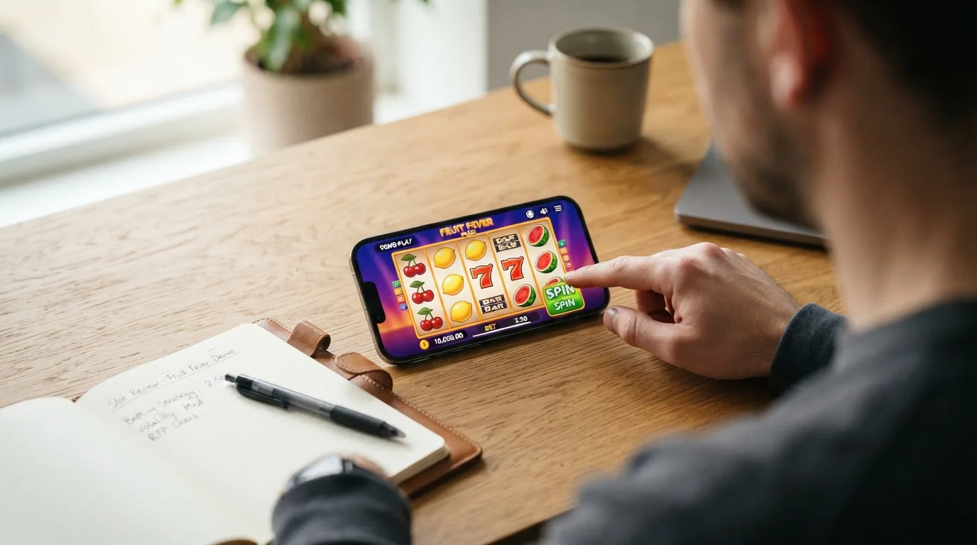 Pantalla de un casino online español mostrando el botón «jugar gratis» o «demo» junto a la portada de una slot de frutas