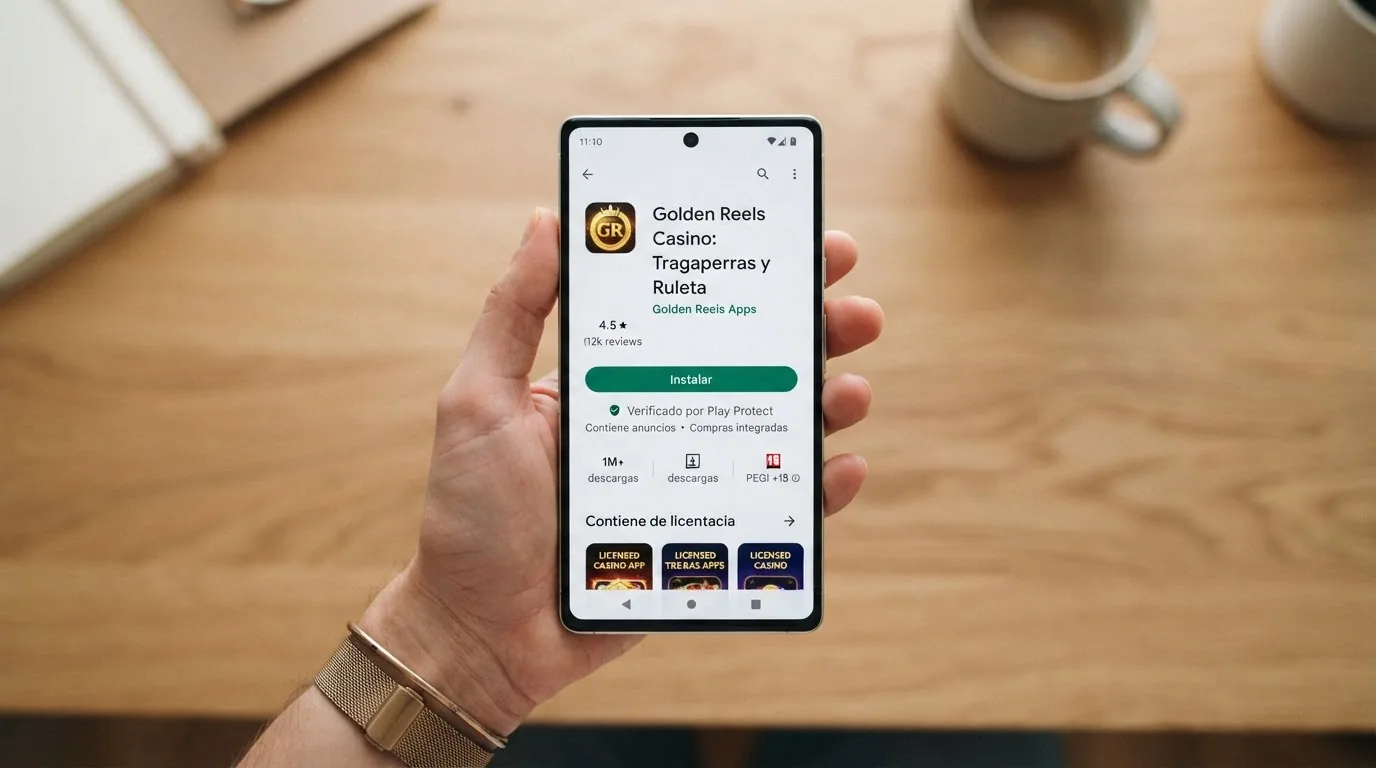 Pantalla de Google Play mostrando la página de descarga de una app de casino con licencia DGOJ, con el botón de instalar y la información de seguridad
