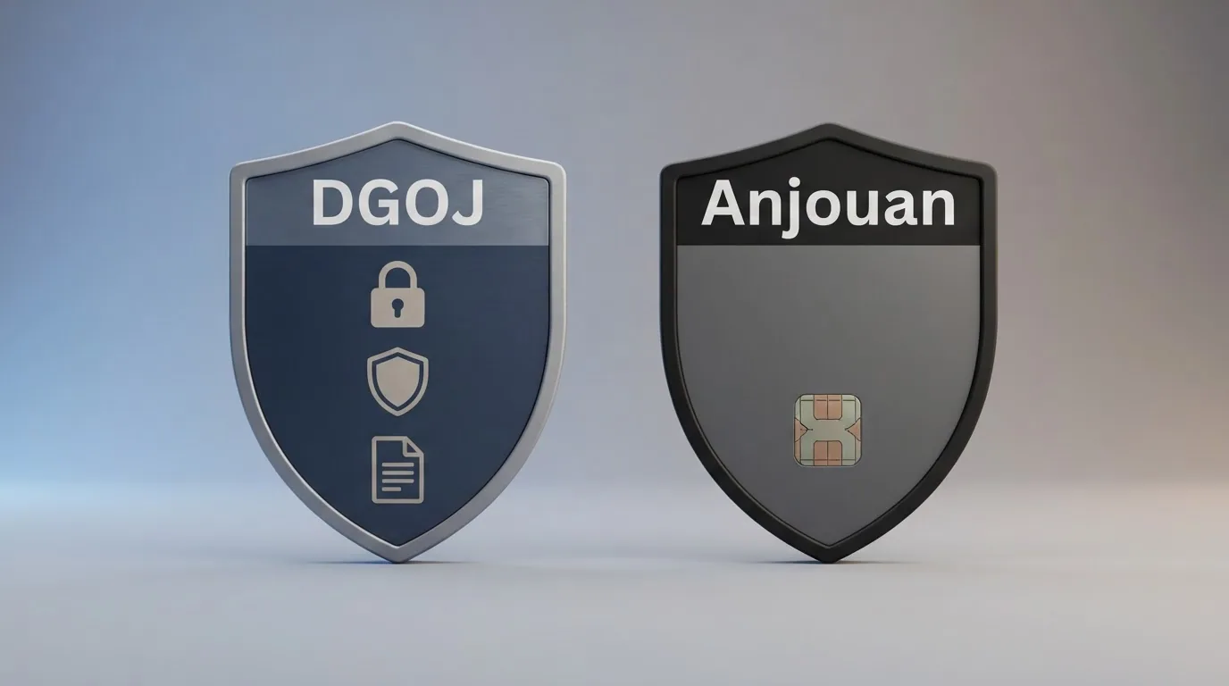 Gráfico comparativo de dos columnas con iconos de protección (candado, escudo, documento) bajo las etiquetas DGOJ y Anjouan