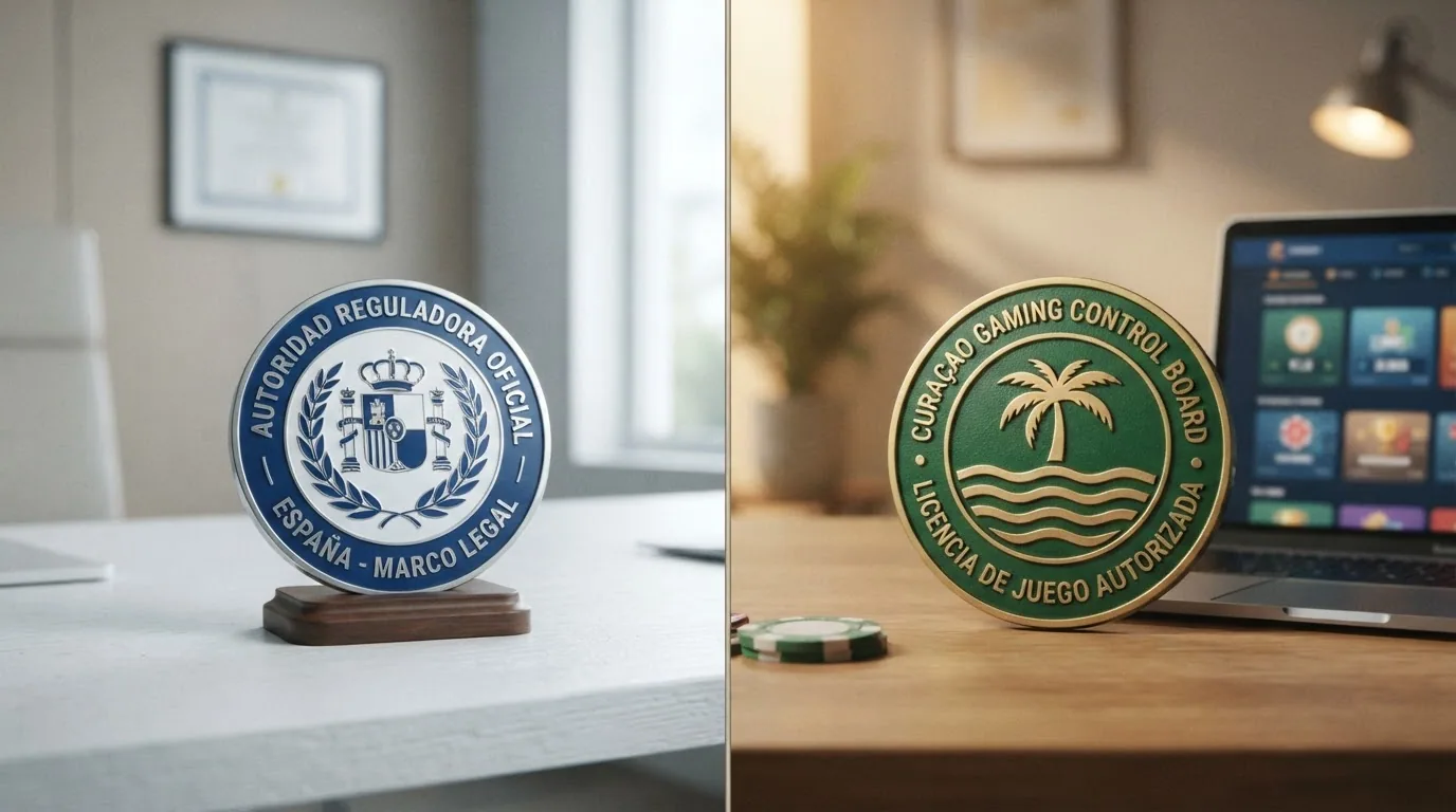 Pantalla dividida con el logotipo de la DGOJ a la izquierda y el de la CGA a la derecha, separados por una línea que representa la frontera regulatoria