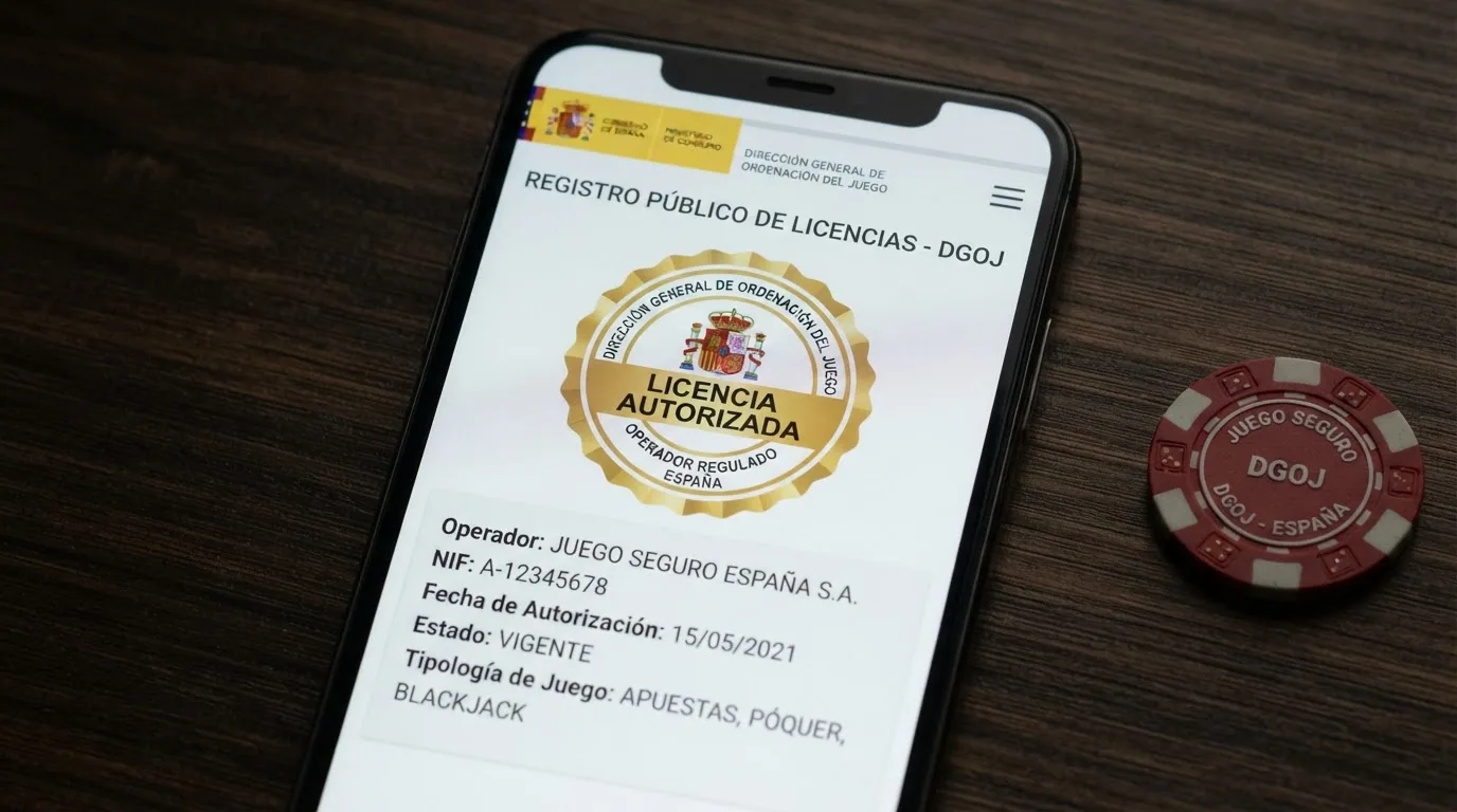 La pantalla de un iPhone mostrando el registro público de la DGOJ en ordenacionjuego.es con el sello de licencia de un operador español visible