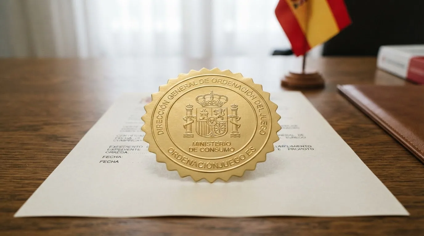 Sello de la Dirección General de Ordenación del Juego sobre la bandera de España, acompañado de la URL ordenacionjuego.es en tipografía institucional