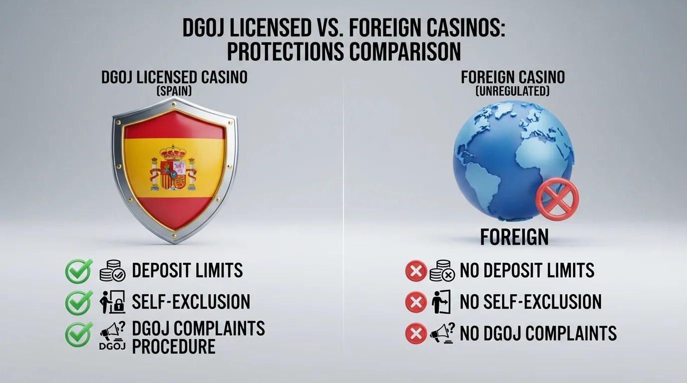 Infografía comparativa de dos columnas: a la izquierda las protecciones del casino con licencia DGOJ, a la derecha lo que falta en un casino extranjero