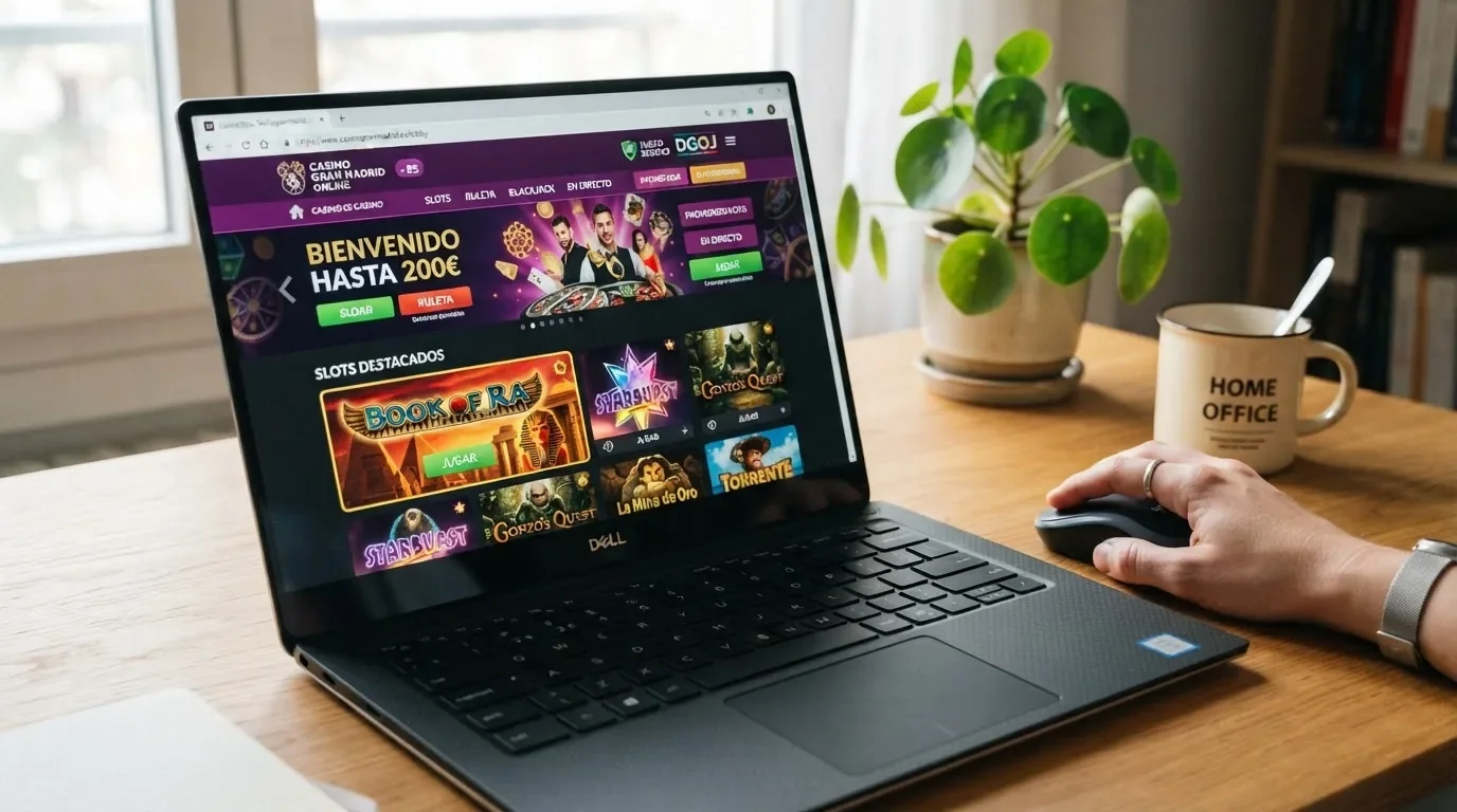 Captura de la página de lobby de un casino online con licencia DGOJ mostrando Book of Ra Deluxe entre las tragaperras destacadas, con el sello de dominio .es visible en la barra del navegador