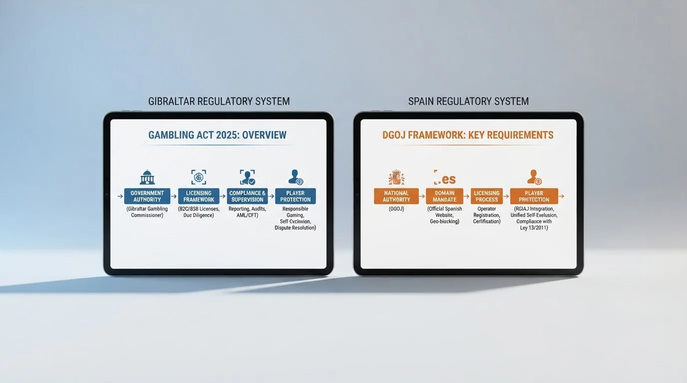 Esquema visual comparativo con las diferencias clave entre la licencia de Gibraltar y la licencia DGOJ