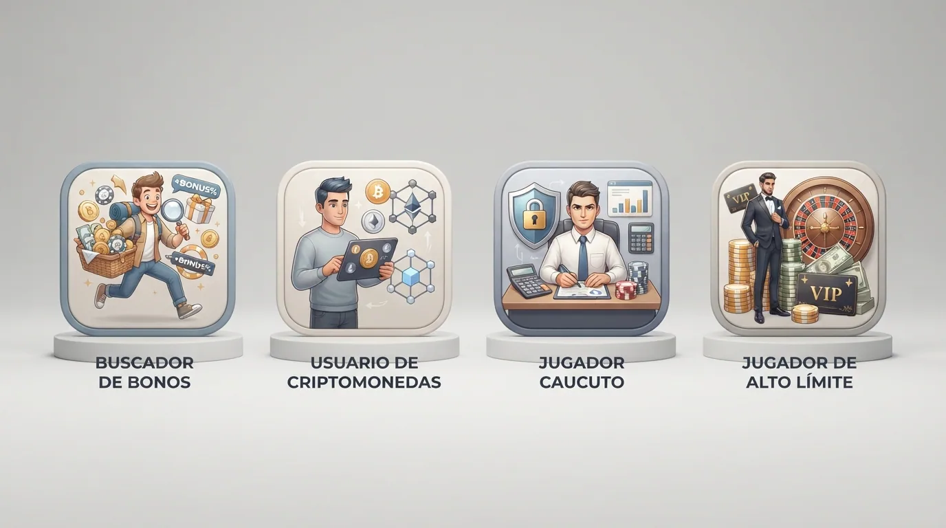 Cuatro perfiles de jugador representados con iconos: un cazador de bonos, un usuario de criptomonedas, un jugador cauteloso y un jugador de altos límites