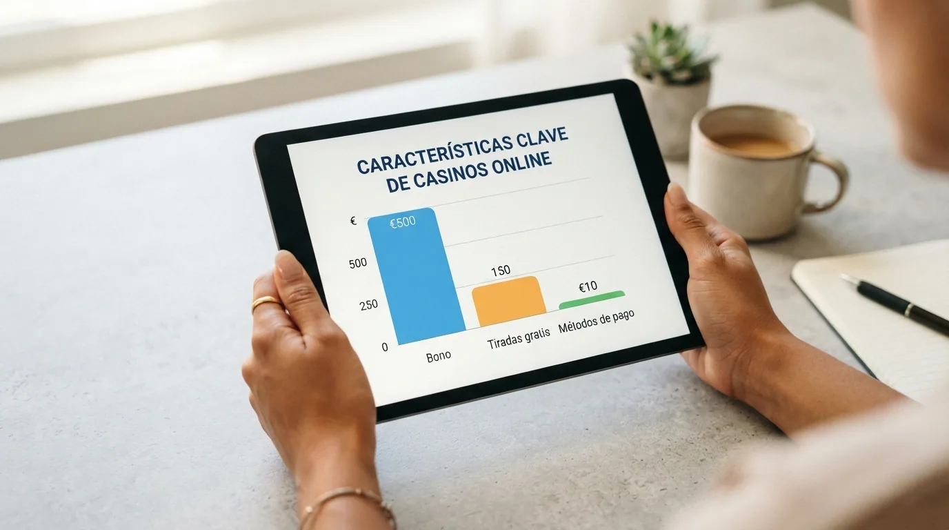 Un jugador consultando una tabla comparativa de casinos online desde una tableta en un entorno doméstico
