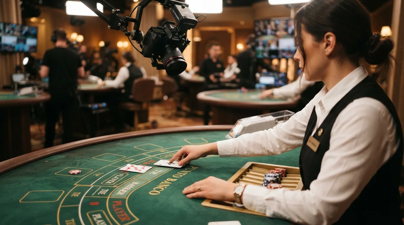 Crupier real repartiendo cartas en una mesa de baccarat en un estudio de casino en vivo con cámaras