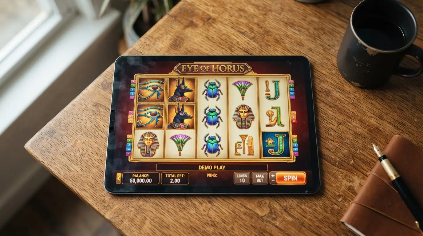Pantalla de Eye of Horus en modo demo con el saldo ficticio visible y los controles de apuesta desplegados