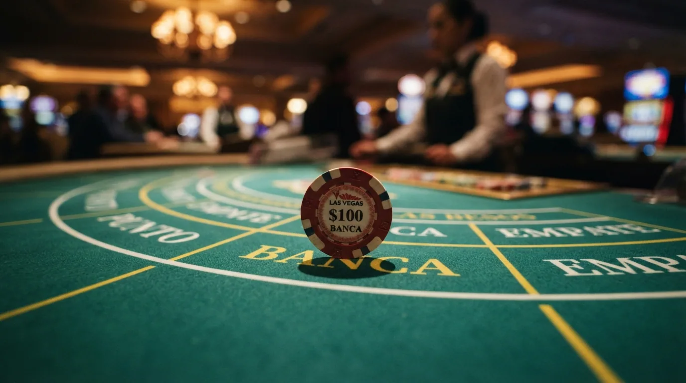 Una ficha de casino en primer plano sobre el paño verde de una mesa de punto banco, colocada sobre la zona de apuesta de la banca entre las otras dos zonas marcadas como punto y empate