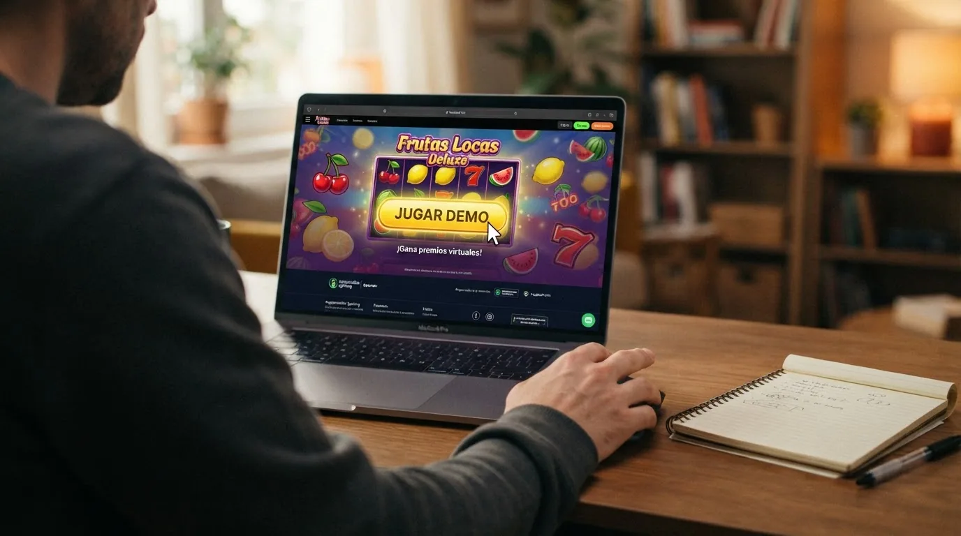Una mano sobre el ratón junto a una pantalla que muestra la portada de una slot de frutas en modo demo, con un bloc de notas al lado